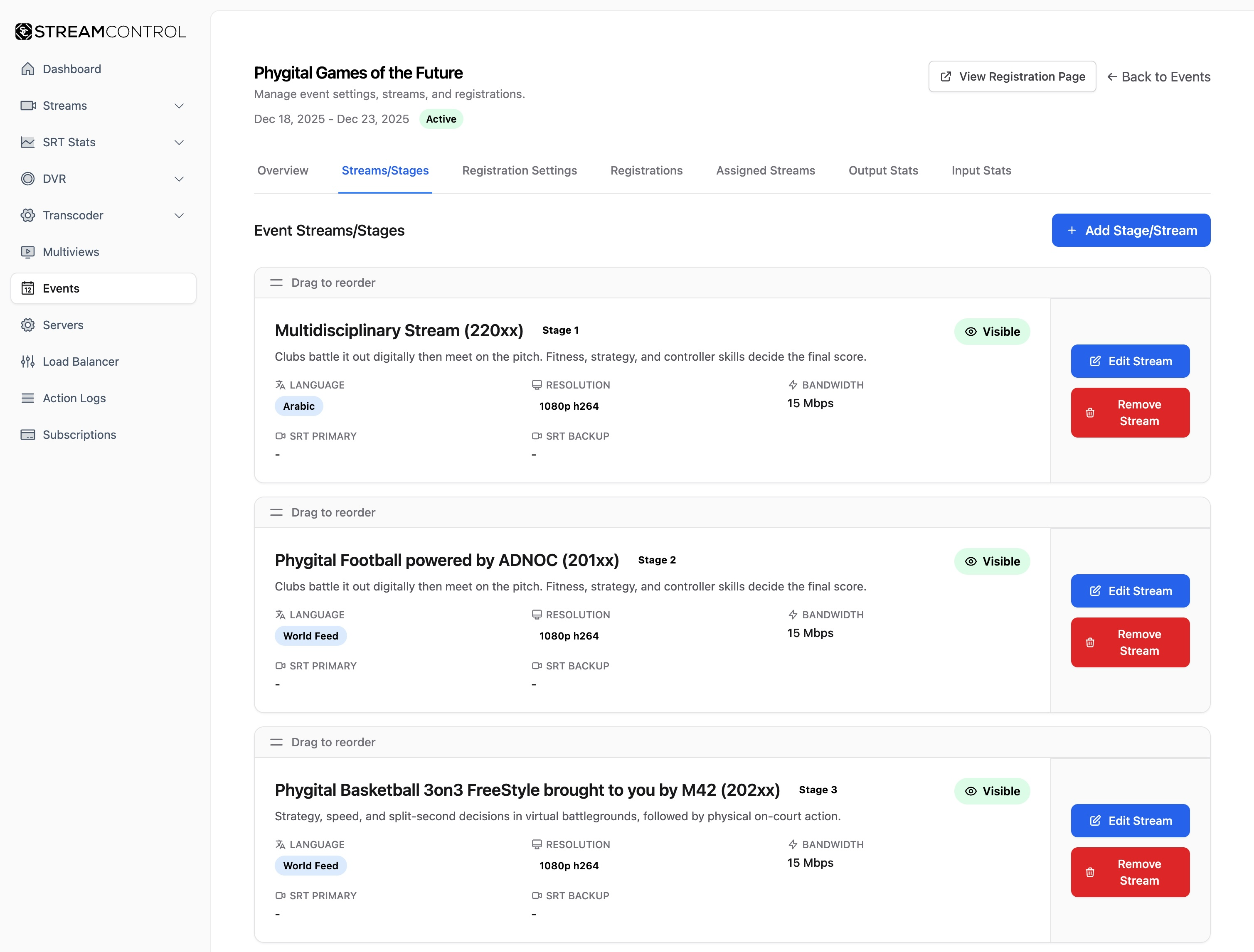Event stages and streams management